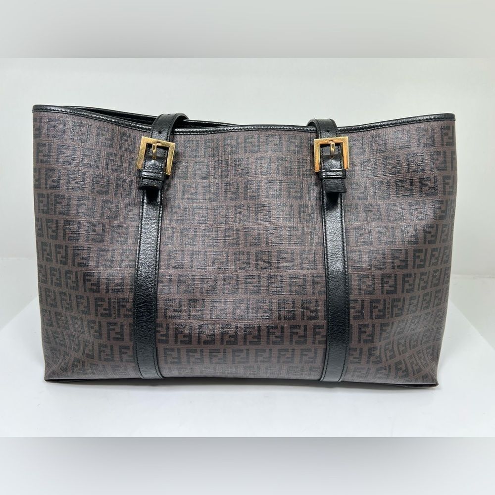 Auth FENDI Zucchino Tote Shoulder Bag Brown Black PVC Leather